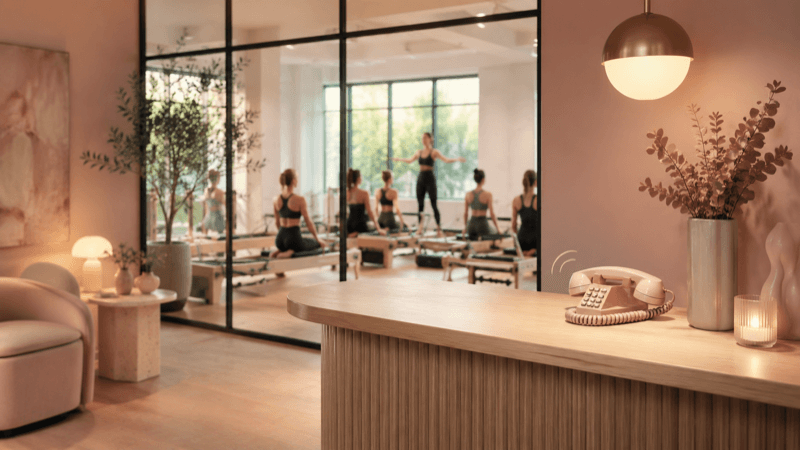 Busy pilates studio front desk with phone ringing and overwhelmed staff — missed calls cost pilates studios thousands per week
